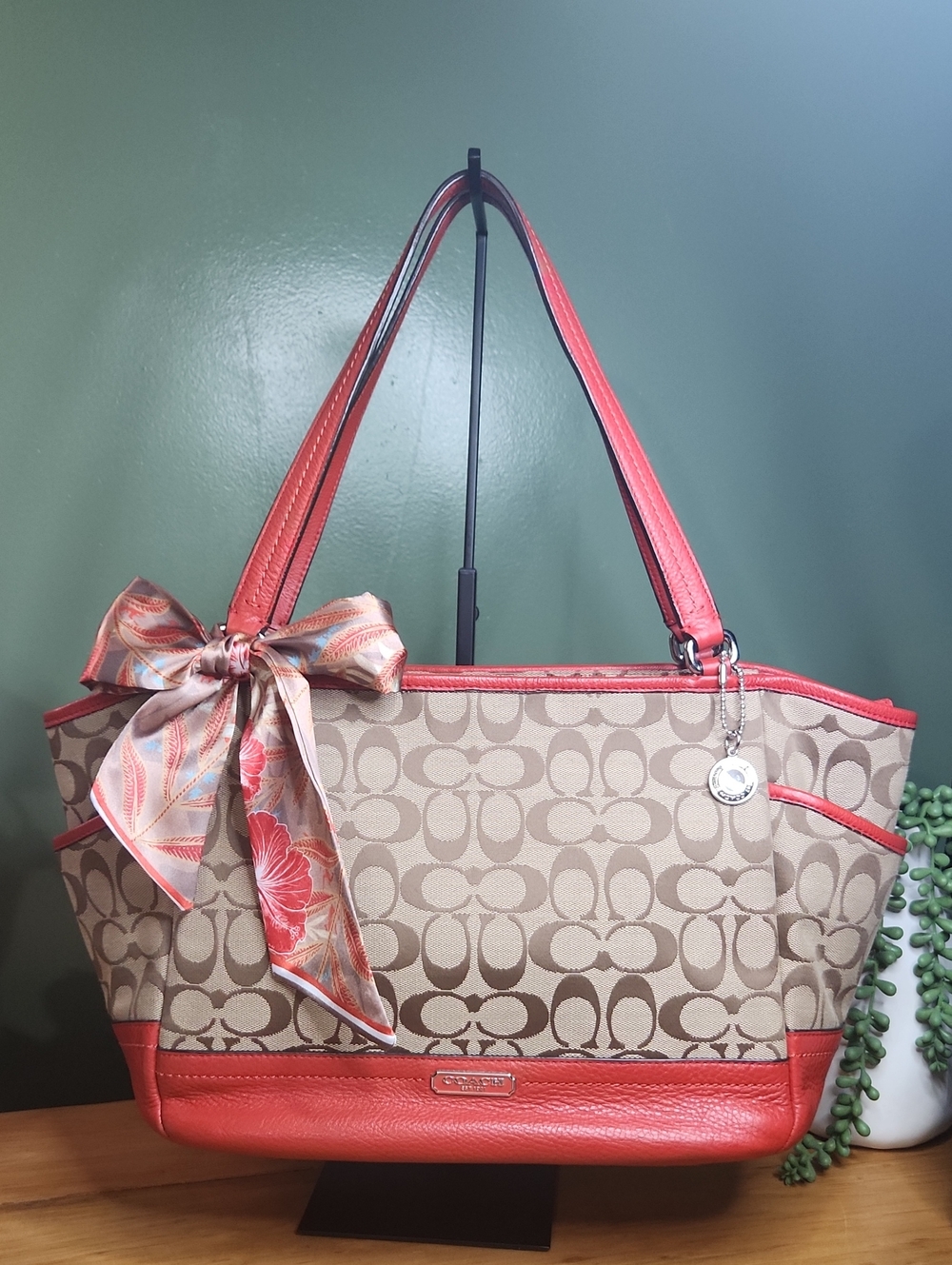 Coach Park Signature Carrie Tote, Red Leather Trim, Like New